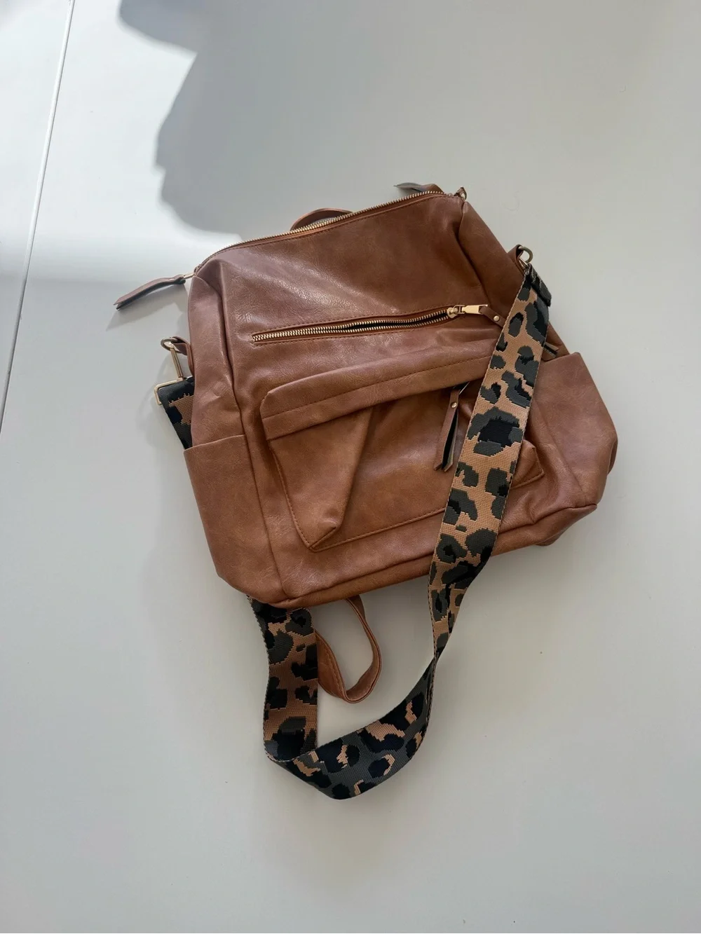 Classic Brown Faux Leather Backpack with Leopard Strap